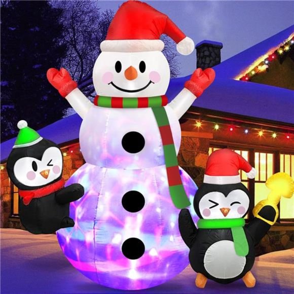 7 FT Christmas Inflatable Snowman with Penguins Built-in Rotating LED Lights